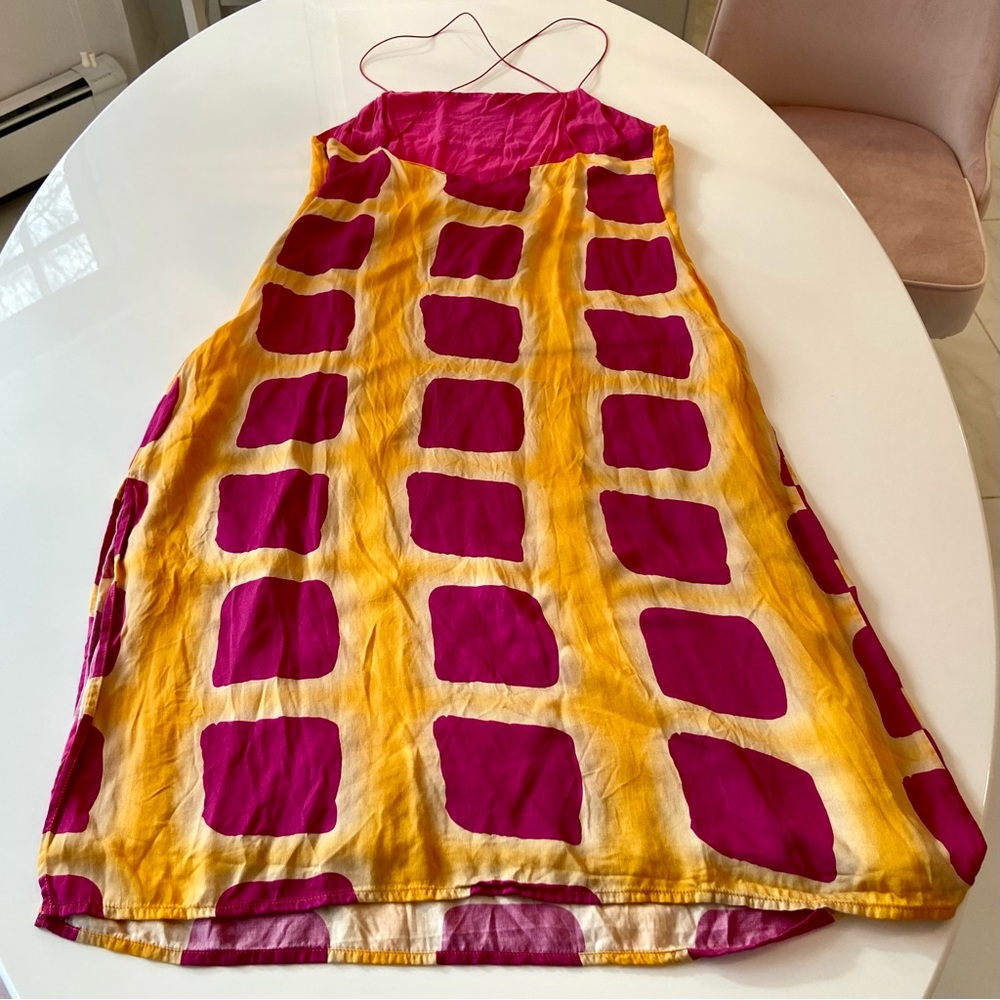 Anthropologie Pink and Yellow Square-Print Midi Slip Dress - Picture 8 of 15